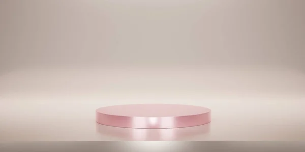 Glanzend Roze Ronde Sokkel Podium Crème Studio Achtergrond Metallic Roze — Stockfoto