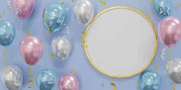 3D横幅模板设计与粉红色和蓝色氦气气球 为派对 促销卡片 海报等设计的带有金框的粉红色的迷你贺卡 复制空间 3D渲染 — 图库照片