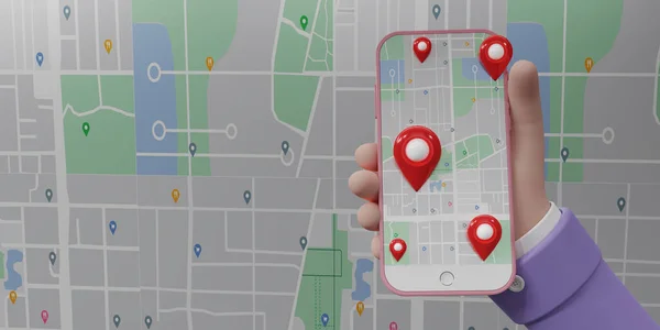 Czerwony Pin Sprawdzanie Mapie Różowym Smartfonie Ręką Ręczne Trzymanie Telefonu — Zdjęcie stockowe