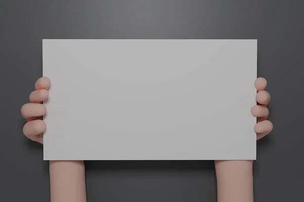 灰色背景上的白纸 复制文本的空间 人类持有空白卡 持有空白纸 3D渲染说明 — 图库照片