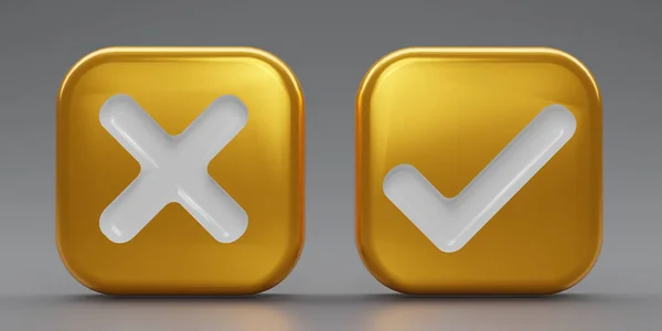 Renderizar Oro Checkmark Icono Marca Conjunto Marca Símbolo Derecha Con — Foto de Stock