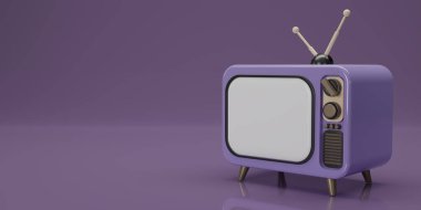 Mor arkaplanda 3D renkte, Mor Vintage Television tarzında izole edilmiş. Minimum Retro TV. Fotokopi alanı olan mor analog televizyon. Antenli eski bir televizyon. 3d resimleme.