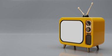 Üç boyutlu sarı renkli Vintage Televizyon çizgi film stili gri arka planda izole edildi. Minimum Retro TV. Kopya alanı olan sarı analog televizyon. Antenli eski bir televizyon. 3d resimleme.