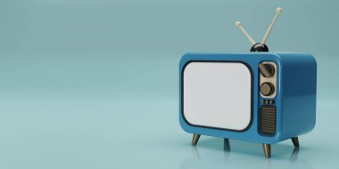 3D render mavi Vintage Televizyon tarzı karikatür mavi arkaplanda izole. Minimum Retro TV. Kopya alanı olan sarı analog televizyon. Antenli eski bir televizyon. 3d resimleme.