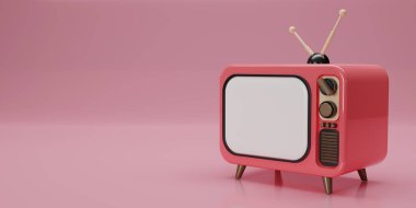 Pembe arka planda 3 boyutlu Pembe Vintage Televizyon tarzı izole edilmiş. Minimum Retro TV. Kopya alanı olan sarı analog televizyon. Antenli eski bir televizyon. 3d resimleme.