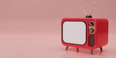 3D render kırmızı Vintage Television çizgi film stili pembe arkaplanda izole. Minimum Retro TV. Kopya alanı olan sarı analog televizyon. Antenli eski bir televizyon. 3d resimleme.