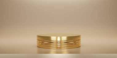 Stüdyo arkaplanlı parlak altın rengi bir kaide ya da podyum. Bej ya da krem rengi boş ekran ya da ürün göstermek için temiz oda. Podyum gösterisi ya da vitrin için minimalist bir model. 3B görüntüleme.