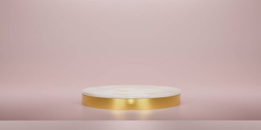 Beyaz mermer mermer kaplı parlak altın ya da stüdyo arkaplanlarında podyum. Ürün göstermek için boş ya da temiz oda. Uzayı kopyala Podyum gösterisi ya da vitrin için minimalist bir model. 3B görüntüleme.