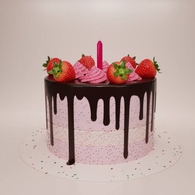 3 boyutlu şirin doğum günü pastası ve pembe mumla süslenmiş çilekli pasta. Çilekli kek. Sürpriz doğum günü için tatlı pasta, anneler günü, sevgililer günü, 3D kopyalama.