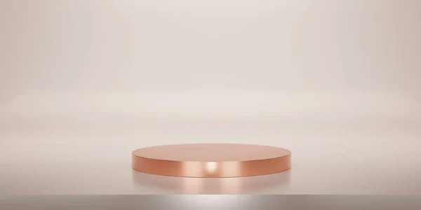 Turuncu parlak kaidesi ya da krema stüdyosunun arka planındaki podyumu. Metalik turuncu veya şeftali rengi boş ekran veya ürün göstermek için temiz oda. Podyum gösterisi için minimalist model. 3B görüntüleme.