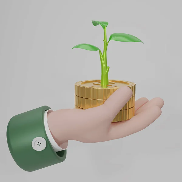 Mano Renderizado Sosteniendo Una Moneda Oro Con Crecimiento Del Árbol —  Fotos de Stock