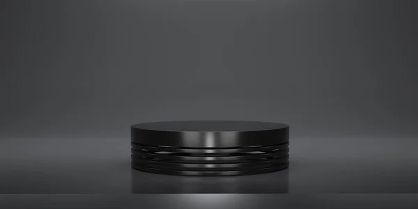 Stüdyo arkaplanlı soyut siyah podyum. 3 boyutlu karanlık boş ekran ya da ürün göstermek için temiz oda oluşturun. Podyum gösterisi ya da vitrin için minimalist bir model. 3B görüntüleme.