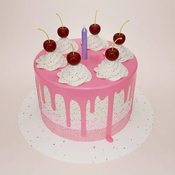 3D render cute birthday  Strawberry Cake and decoration with purple candle on white background. Cake with cherries. Sweet cake for surprise birthday, mother\'s, Valentine\'s Day,Copy space.3D rendering.