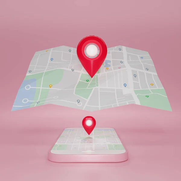 Controllo Pin Rosso Con Applicazione Mappa Galleggiante Smartphone Rosa Telefono — Foto Stock