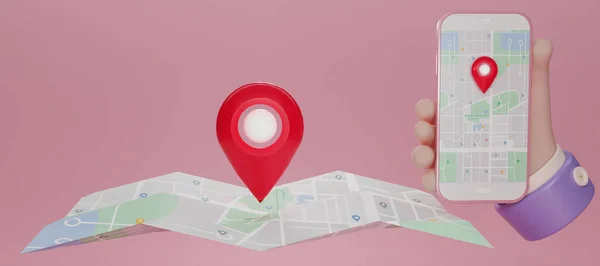 Verificação Pinos Vermelhos Aplicação Mapa Flutuando Fundo Rosa Com Smartphone — Fotografia de Stock