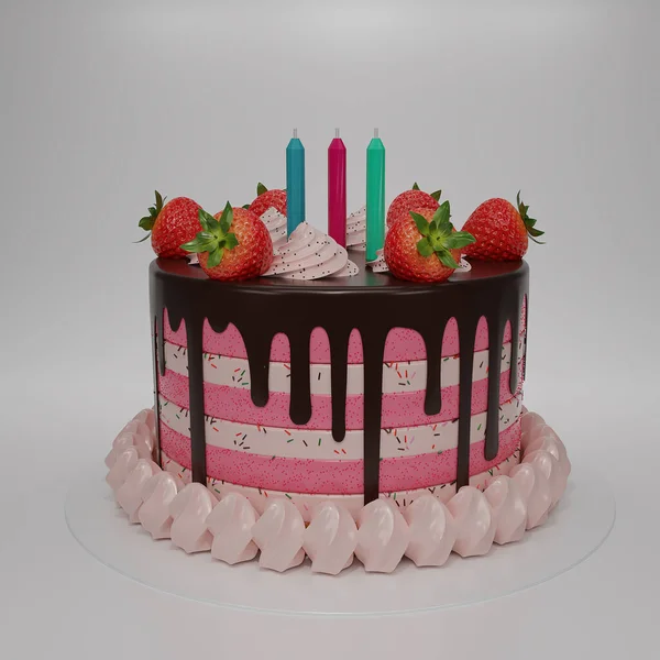 Render Cute Birthday Strawberry Cake Decoration Pink Candle Cake Strawberry — Stock Photo, Image