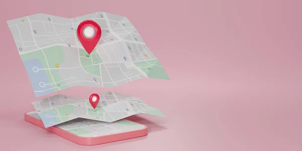 Comprobación Pin Rojo Con Aplicación Mapa Flotando Teléfono Inteligente Rosa — Foto de Stock
