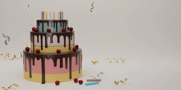 Render Aranyos Születésnapi Csokoládé Torta Dekoráció Gyertyával Fehér Háttér Csokitorta — Stock Fotó