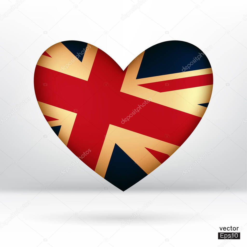 United Kingdom flag in heart shape sign with gold texture. British flag vector illustration sign.