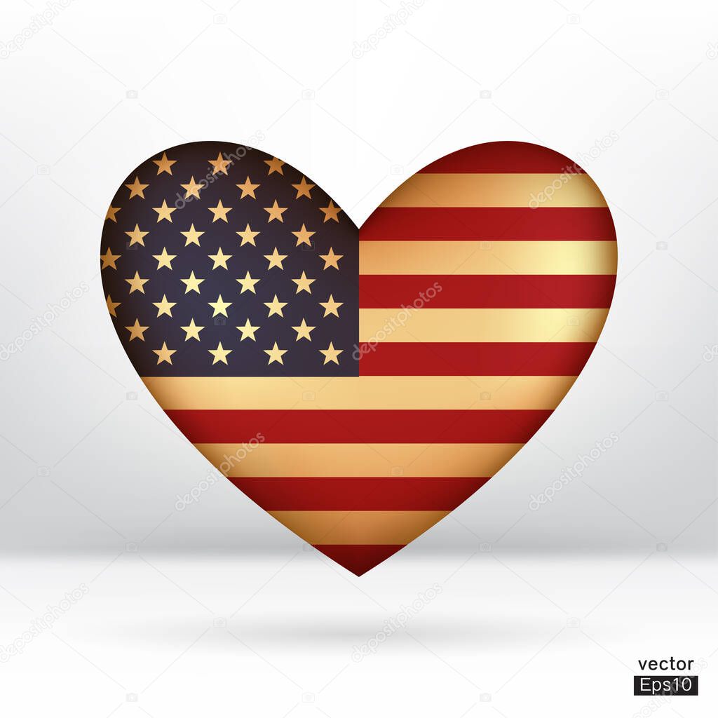 American flag in gold heart shape sign. Gold heart vector illustration sign.