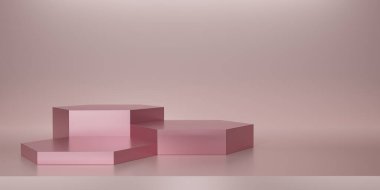 Pembe arka planda parlak pembe altıgen kaidesi ya da podyum. Metalik pembe altıgen küp boş ekran ya da ürün göstermek için temiz oda. Podyum gösterisi ya da vitrin için minimalist bir model. 3B görüntüleme.