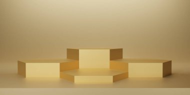 Altın arka planda parlak altın altıgen kaidesi ya da podyum. Metalik sarı altıgen küp boş ekran ya da ürün göstermek için temiz oda. Podyum görüntüleme veya 3D görüntüleme için minimalist modelleme.