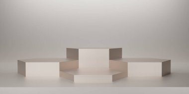Krem arka planda parlak kremalı altıgen kaidesi ya da podyum. Metalik fildişi altıgen küp boş ekran ya da ürün göstermek için temiz oda. Podyum gösterisi ya da vitrin için minimalist bir model. 3B görüntüleme.