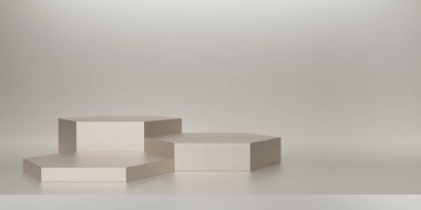 Krem arka planda parlak kremalı altıgen kaidesi ya da podyum. Metalik fildişi altıgen küp boş ekran ya da ürün göstermek için temiz oda. Podyum gösterisi ya da vitrin için minimalist bir model. 3B görüntüleme.