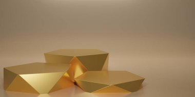 3 boyutlu canlandırma geometrik podyum. Altın altıgen küp, altın arka planda altın kare podyum. Konsept sahne gösterisi, ürün, promosyon satışı, afiş, sunum, kozmetik. 3B görüntüleme.