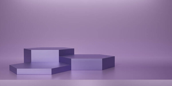 Shiny purple hexagon pedestal or podium on purple background. Metallic hexagon cube Blank display or clean room for showing product. Minimalist mockup for podium display or showcase. 3D rendering.