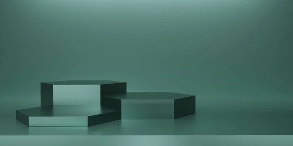 Yeşil arka planda parlak yeşil altıgen kaidesi ya da podyum. Metalik altıgen küp boş ekran ya da ürün göstermek için temiz oda. Podyum gösterisi ya da vitrin için minimalist bir model. 3B görüntüleme.