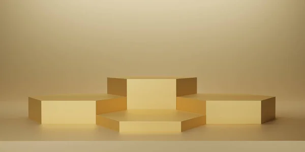 金黄色的六边形底座或平台在黄金背景上 金属黄色六角形立方体空白显示或清洁房间显示产品 平台展示或展示的极小化模型 3D渲染 — 图库照片