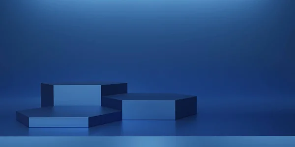 Parlak mavi altıgen kaidesi ya da podyum. Metalik donanma altıgen küp boş ekran ya da ürün göstermek için temiz oda. Podyum gösterisi ya da vitrin için minimalist bir model. 3B görüntüleme.