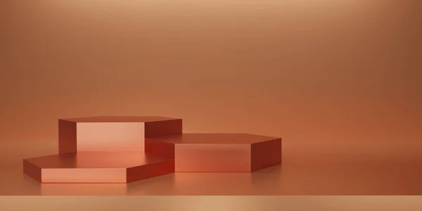 Glänsande Orange Hexagon Piedestal Eller Podium Metallisk Koppar Hexagon Kub — Stockfoto