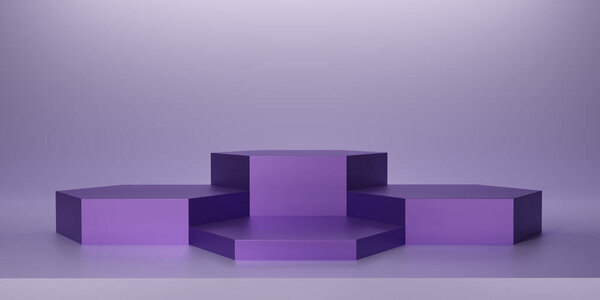 Shiny purple hexagon pedestal or podium on purple background. Metallic hexagon cube Blank display or clean room for showing product. Minimalist mockup for podium display or showcase. 3D rendering.