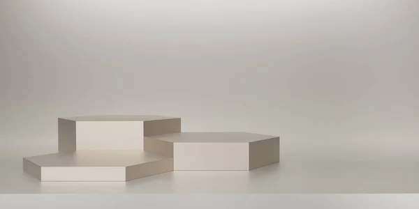 Krem arka planda parlak kremalı altıgen kaidesi ya da podyum. Metalik fildişi altıgen küp boş ekran ya da ürün göstermek için temiz oda. Podyum gösterisi ya da vitrin için minimalist bir model. 3B görüntüleme.