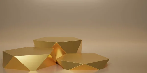 Renderizar Pódio Geométrico Cubo Hexágono Dourado Pódio Quadrado Dourado Fundo — Fotografia de Stock