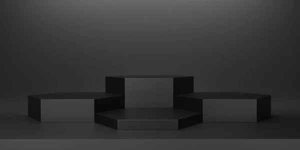 新黑色六边形基座或讲台 金属黑色六角形立方体空白显示或清洁房间 用于展示产品 平台展示或展示的最低限度模型 3D渲染 — 图库照片