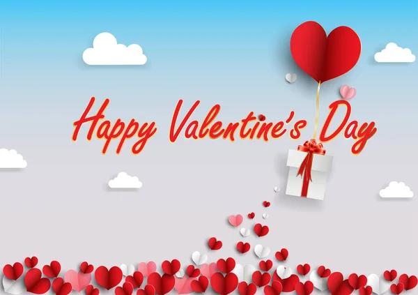 Illustration Von Liebe Und Valentinstag Mit Herzballon Geschenk Und Wolken — Stockvektor