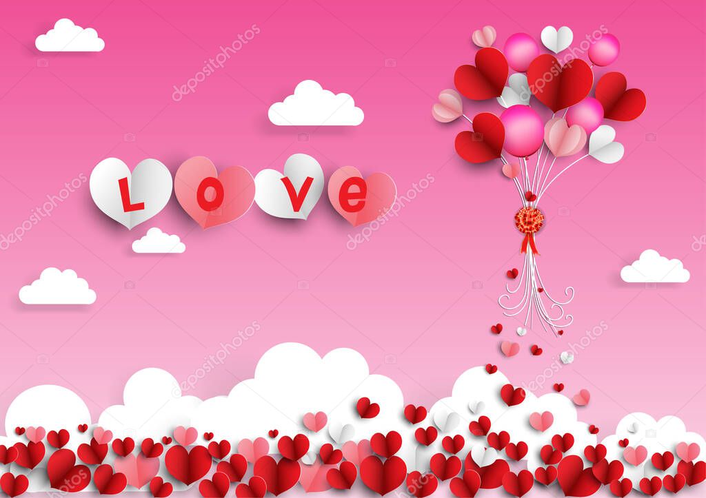 illustration of love and valentine day with heart baloon, gift and clouds.