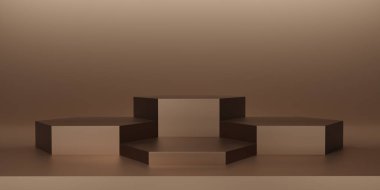 Parlak kahverengi altıgen kaidesi ya da krema arka planında podyum. Metalik fildişi altıgen küp boş ekran ya da ürün göstermek için temiz oda. Podyum gösterisi ya da vitrin için minimalist bir model. 3B görüntüleme.