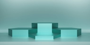 Parlak turkuaz yeşil altıgen kaidesi ya da podyum. Metalik Turkuaz mavi altıgen küp boş ekran ya da ürün göstermek için temiz oda. Podyum gösterisi ya da vitrin için minimalist bir model. 3B görüntüleme.