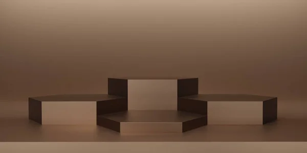 Parlak kahverengi altıgen kaidesi ya da krema arka planında podyum. Metalik fildişi altıgen küp boş ekran ya da ürün göstermek için temiz oda. Podyum gösterisi ya da vitrin için minimalist bir model. 3B görüntüleme.