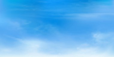 Panorama açık mavi gökyüzü ve beyaz bulut detayı kopyalama alanı ile. Gökyüzü Manzarası Arkaplanı. Renkli, berrak gökyüzü olan gökyüzü. Vektör çizimi. İyi hava ve güzel doğa. Gökyüzü bulutları arka plan..