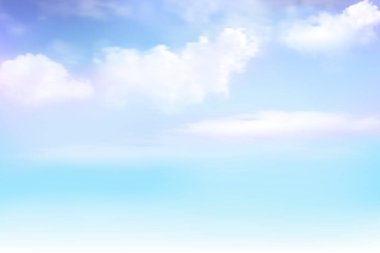 Açık mavi gökyüzü ve mor ışıklı beyaz bulut detayı. Mavi Gökyüzü Manzarası Arkaplanı. Renkli, berrak gökyüzü olan yaz cenneti. Güzel gökyüzü bulutları. Vektör illüstrasyonu.