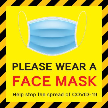Lütfen yüz maskesi takın. Covid-19 virüsünün yayılmasını önlemeye yardım et. Yüz maskesi ön görünümü sarıda izole edildi. Vektör illüstratörü.