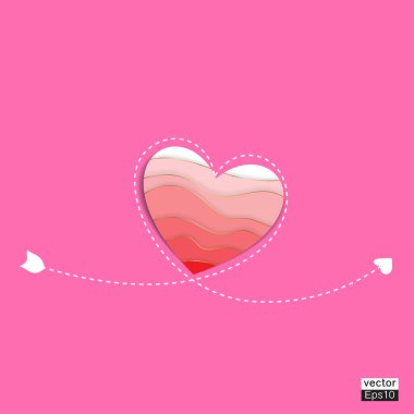 Beyaz ok desenli kırmızı kağıt kalp. Pembe arkaplan izole edilmiş. Vektör çizer..