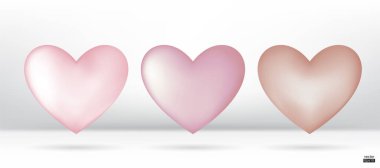 İnci pembe kalpler 3D vektör koleksiyonu beyaz arkaplanda izole edildi. Aşk ve Sevgililer Günü sembolü. Tasarım kartı için kalp şekli ikonu çizim vektörü. Açık altın kalpler..