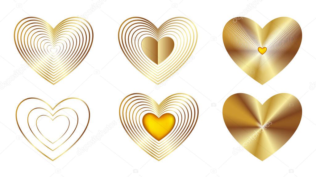 Vector gold hearts icons set. Vector 3D illustration.Vector collection of gold hearts on white background