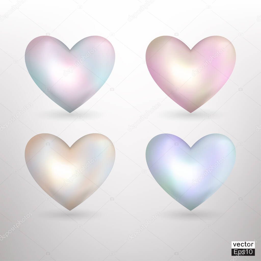 Vector pearl  pastel hearts icons set. Vector 3D illustration.Vector collection of pearl pastel hearts on white background.